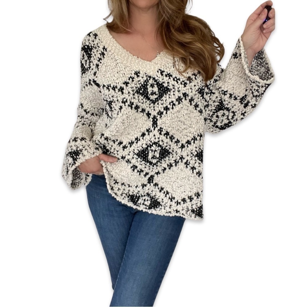 Knit oversized Pullover Sweater Long Sleeve V-Neck Popcorn